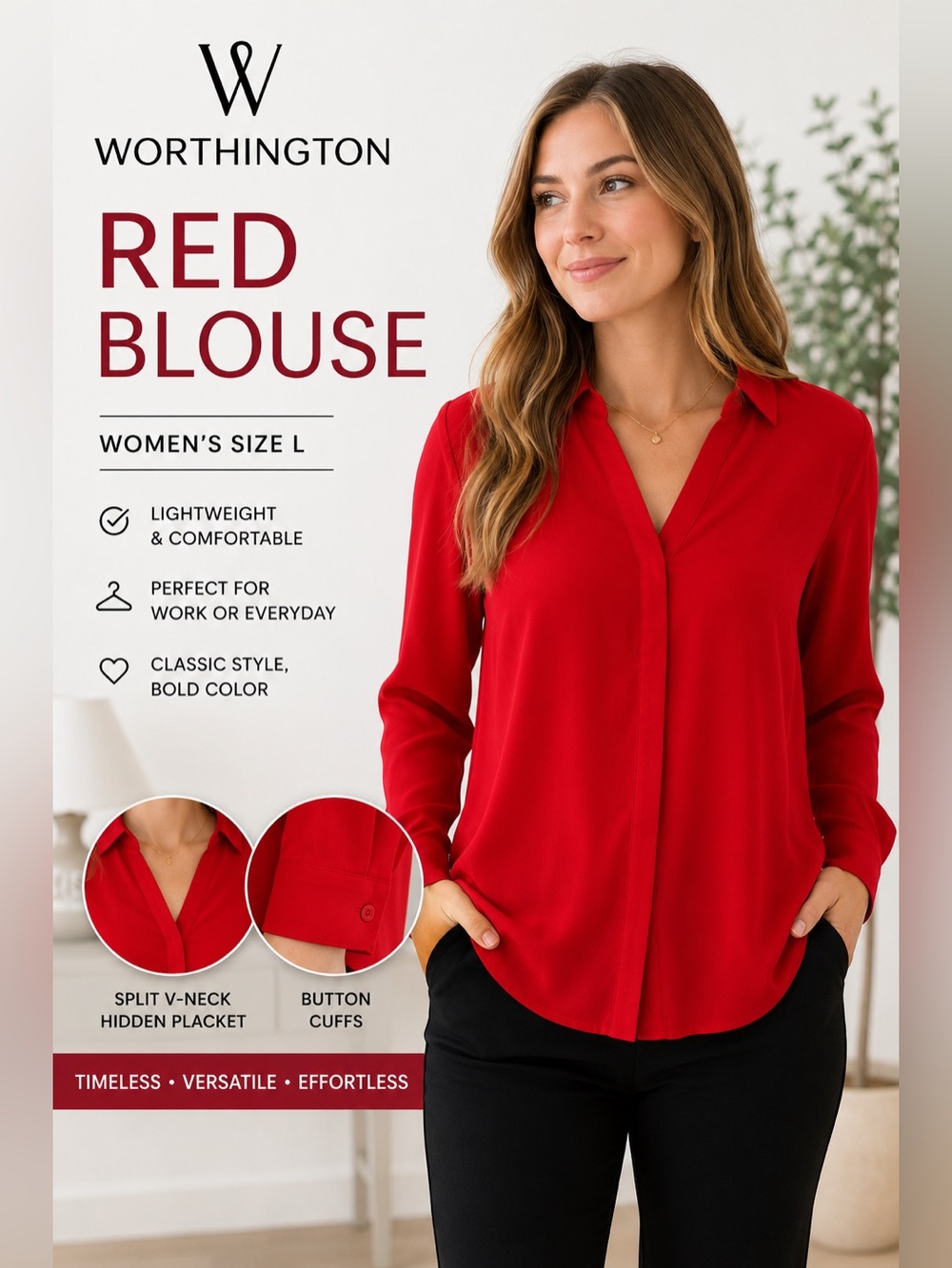 Worthington Red Blouse Womens L Long Sleeve Split Neck Career Office Top
